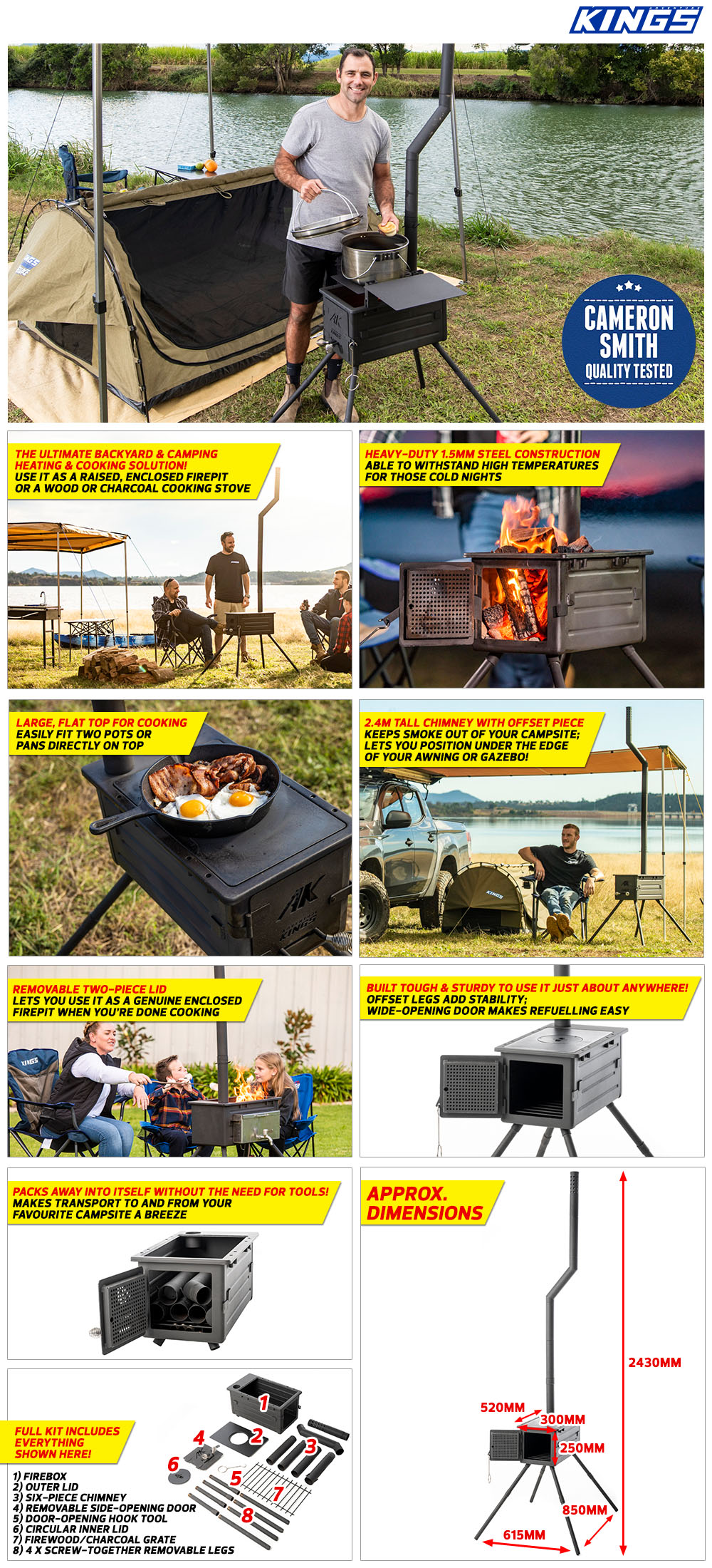 Kings Premium Camp Oven Stove Ultimate Accessories Pack Inc. Firebox, Smoker, BBQ Hotplates